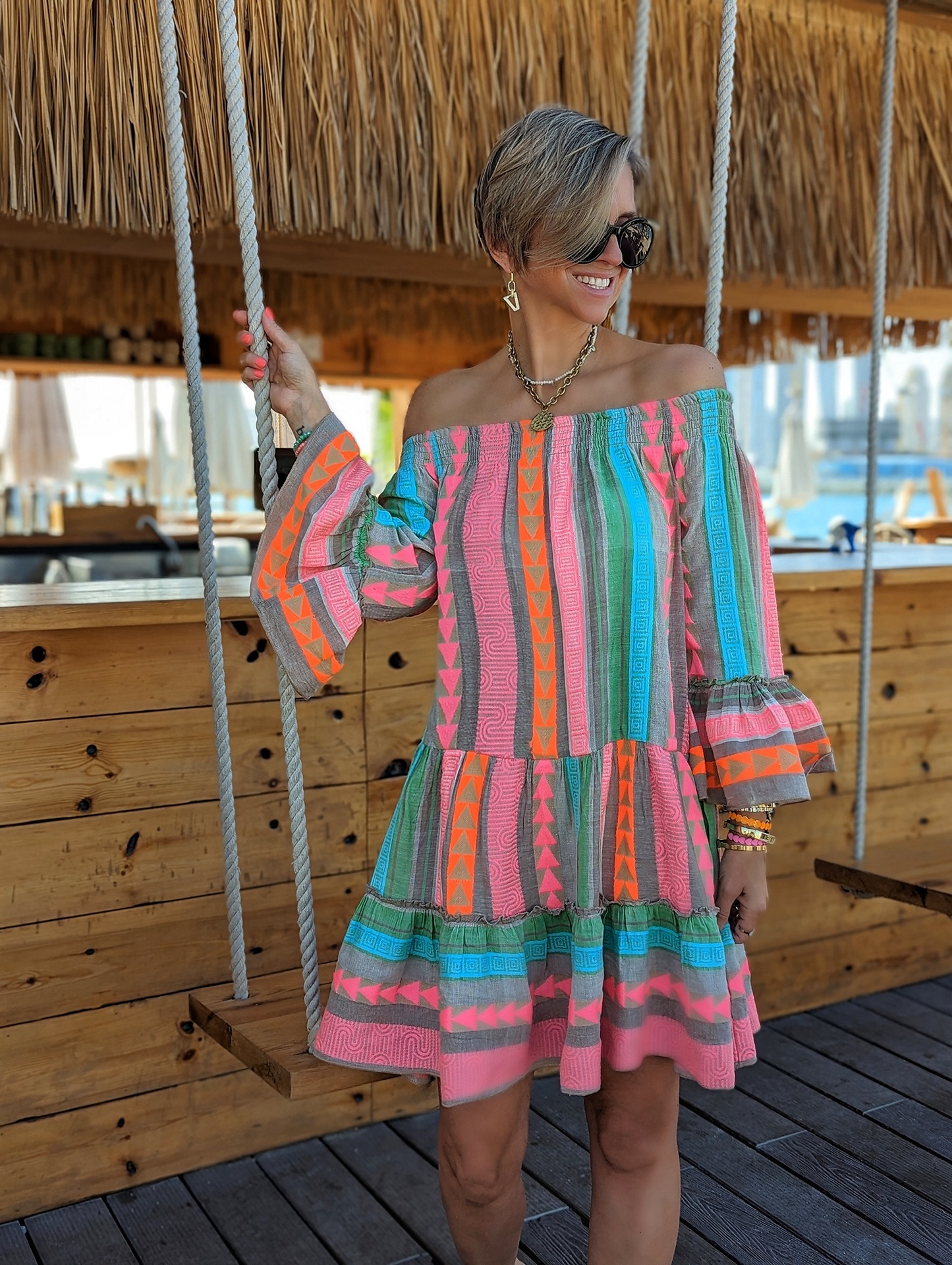 Women's Regular Dress Vacation Boat Neck Printing Ruffles Nine Points Sleeve Geometric Argyle Above Knee Holiday Daily Beach display picture 2