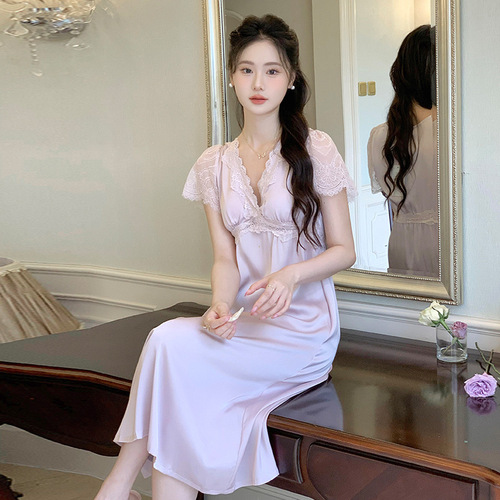 Sexy lace short-sleeved nightgown for women summer thin style gentle comfortable sweet V-neck embroidered slim elegant ice silk pajamas