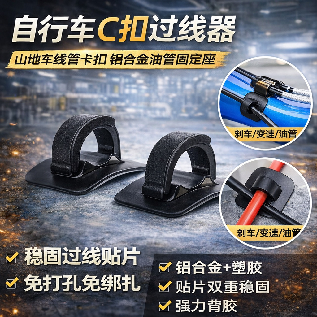 自行车C型扣过线器山地车线管卡扣铝合金油管固定座贴片过线扣