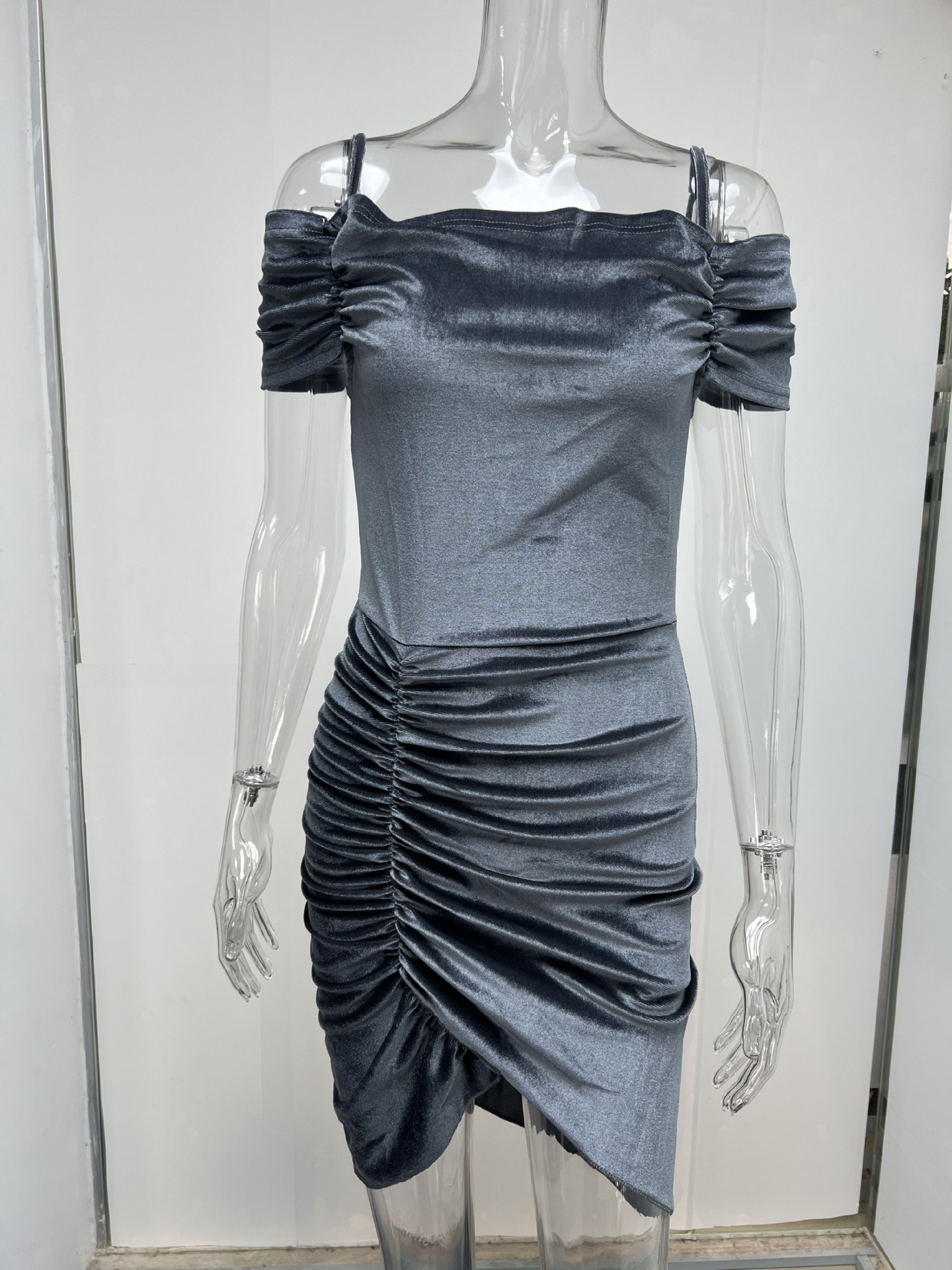 Spring Dress Sexy Slim Strap Fluff Drawstring Irregular Asymmetric Dress