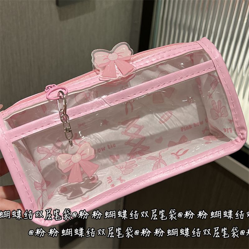 ピンクのリボン二層透明鉛筆バッグインスタイル高価値ガーリーハート透明大容量文具収納袋|undefined