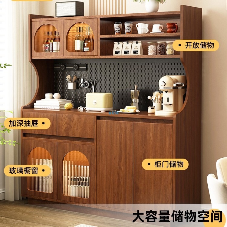 2025新款餐边柜靠墙一体储物柜客厅酒柜中古风茶水柜子实木咖啡柜|undefined