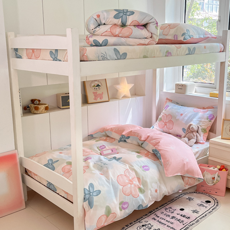 Juego de sábanas impresas de algodón de cuatro piezas Juego de tres piezas para estudiantes individual y doble, dormitorio doméstico de primavera y verano, sábanas lavables a máquina