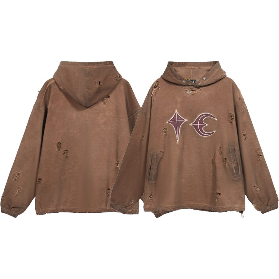 Desmontado Thug Club pu Jai fan mismo estilo pesado dañado lavado de cuero bordado hombres suéter con capucha moda