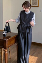 超火收腰马甲阔腿裤套装女春秋三件套韩系减龄ootd穿搭设计感