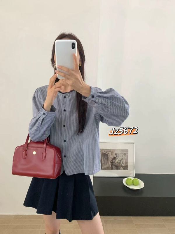 条纹长袖衬衫 日系森女系花边圆领单排扣气质显瘦洋气小衫女|undefined