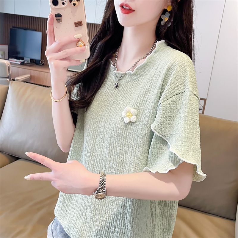 Short-Sleeve T-Shirt for Petite Women, Summer Korean Style, Loose Fit, Commuter Wear, Unique Design, Ruffled Edge, Slimming Top