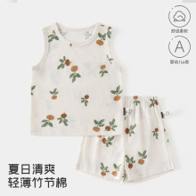 宝宝夏日竹节棉无袖套装 婴幼儿 A 类轻薄透气印花背心短裤两件套