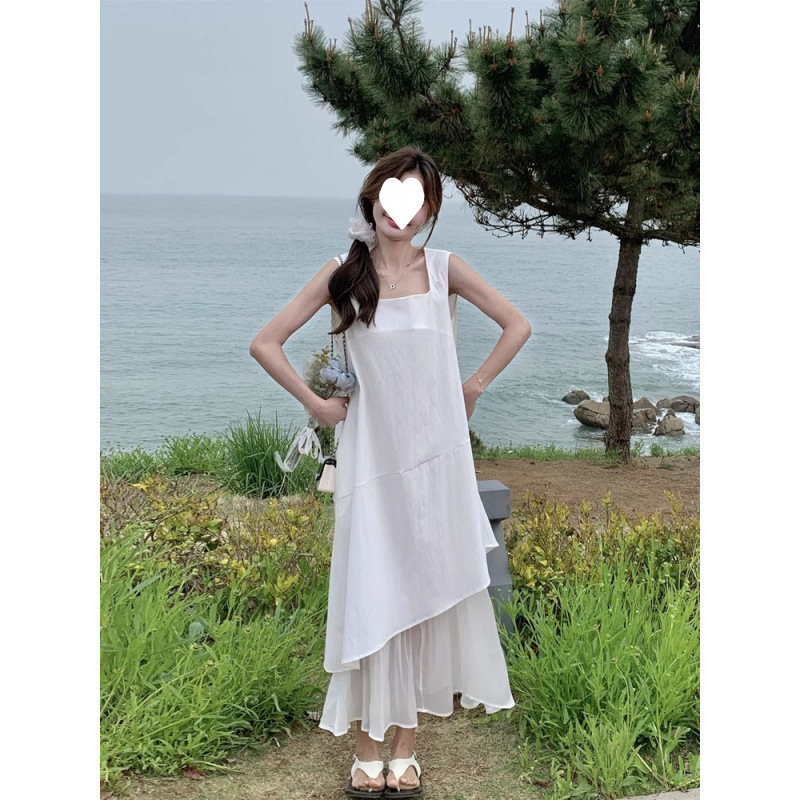 White Vest Dress for Women, Summer 2025 New French Style Loose Design, Mid-Length Irregular Strap Dress White Vest Dress for Women, Summer 2025 New French Style Loose Design, Mid-Length Irregular Strap Dress