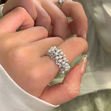 法式轻奢高级感珍珠锆石戒指开口可调节小众设计网红百搭食指戒女