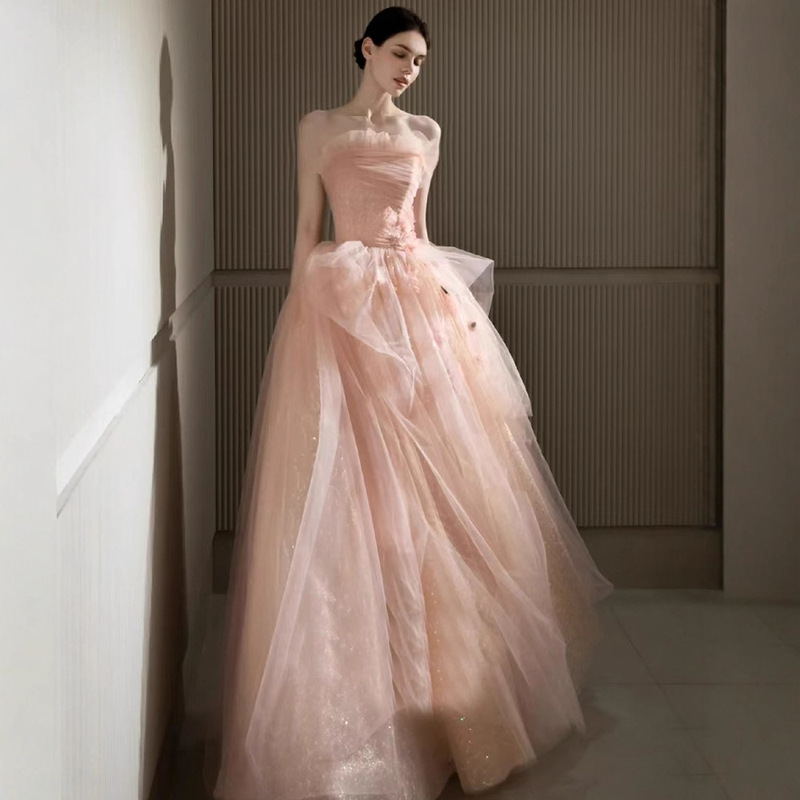 One-Shoulder Evening Dress for Women 2026 New Style High-End Luxury Niche Wedding Dress Pink Annual Party Dress