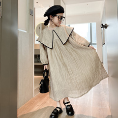 QZ6666 Spring New Korean Version Children's Dress with Large Cape Collar, Long Sleeve, High Waist Dress for Parent-Child Set, Girls' Long Dress