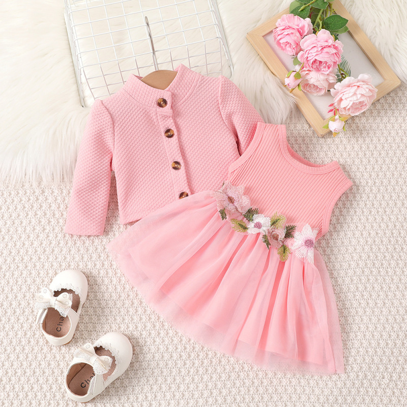 Cross-border INS Baby Girl Spring and Autumn Waist Flower Design Vest Stitching Mesh Dress Jacket Cross-border INS Baby Girl Spring and Autumn Waist Flower Design Vest Stitching Mesh Dress Jacket