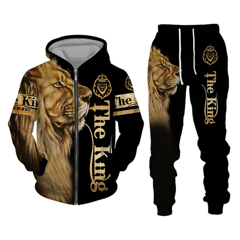 Men's Zipper Sweatshirt Set 3D Printing Men's Sportswear Sportswear Long Sleeve Men's Suit Lion King Autumn and Winter