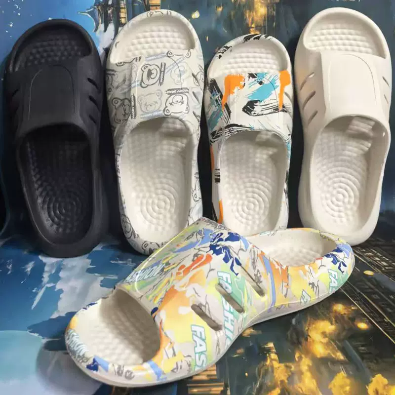 踏屎感涂鸦拖鞋凉鞋男女情侣一字拖户内外沙滩鞋子Slippers Shoes