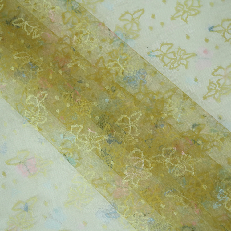 2024 nueva tela primavera-verano tela impresa de malla de encaje mariposa chapa de ropa infantil tela