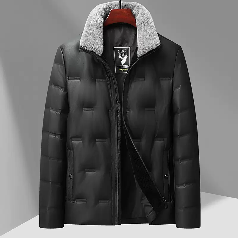 加大加肥羽绒外套爸爸装皮衣加厚可脱卸领子