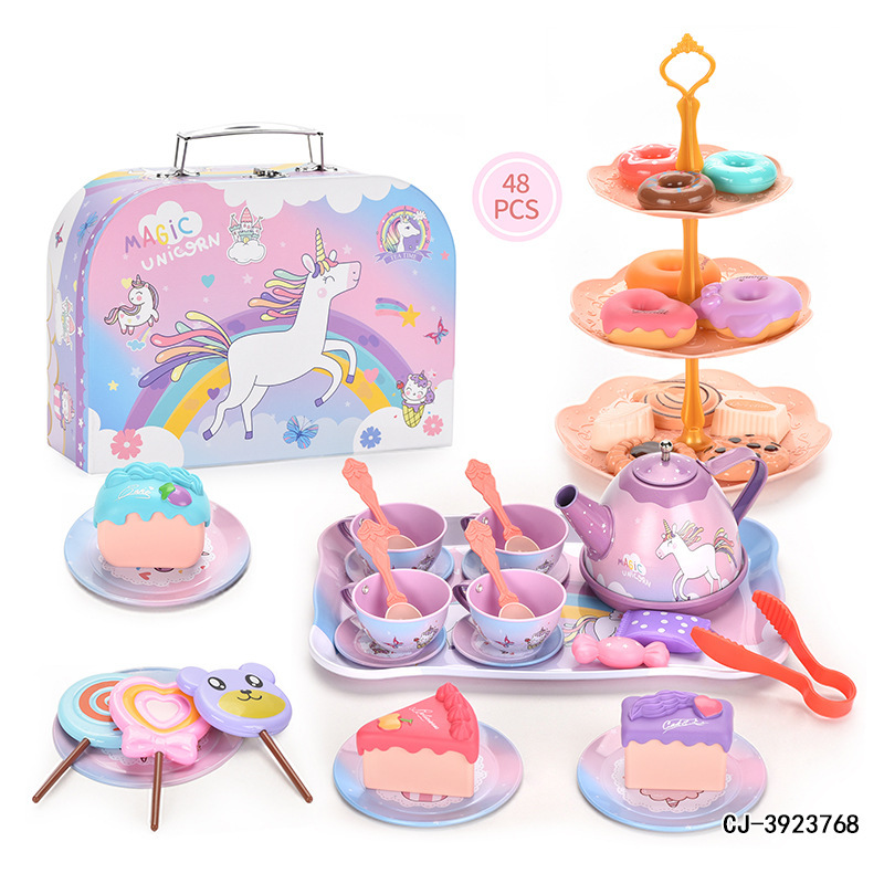 ままごと子供用アフタヌーンティーデザートセットピンク花ブリキケーキ海洋茶器ギフトセット|undefined