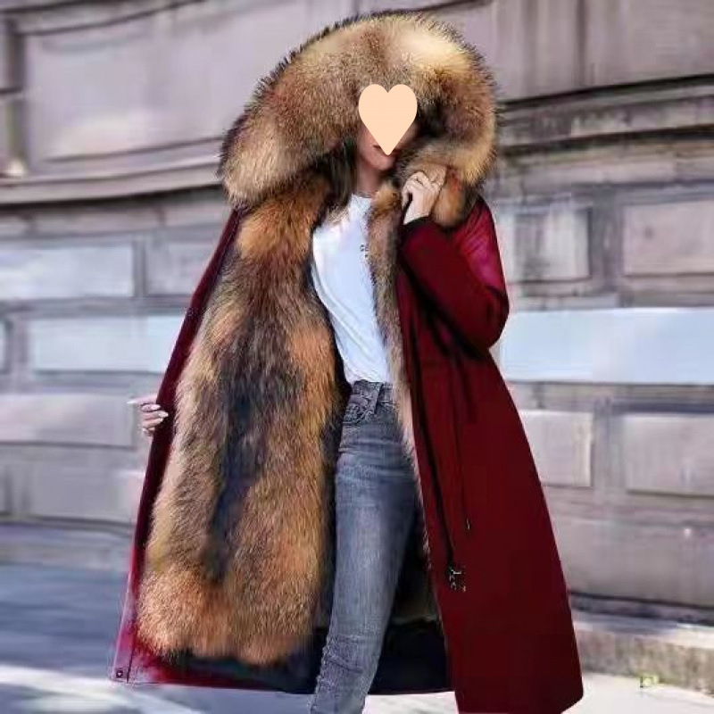 服女皮中长款大码羽绒服加厚冬季毛一体可拆卸外套