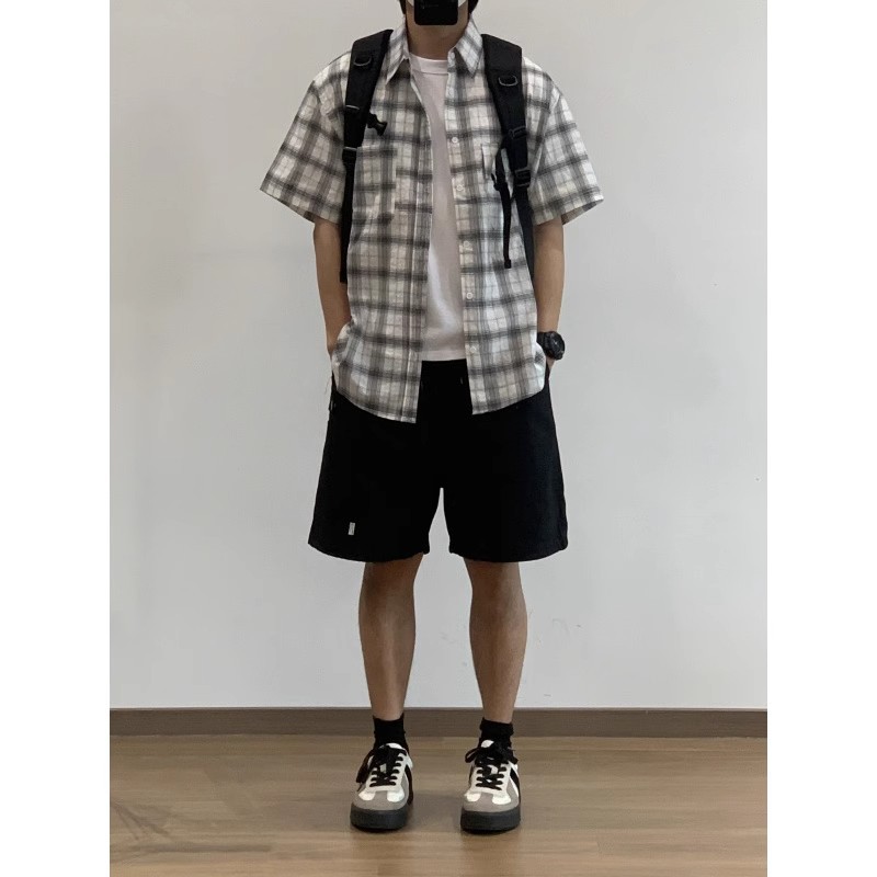 Factory Direct Supply Summer Japanese Retro Plaid Shirt Men's Checkered College Style Loose Casual Short-Sleeve Shirt Jacket