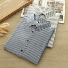 工厂直销  经典条纹纯女式衬衫 纯棉女式衬衫 百搭休闲条纹女衬衣