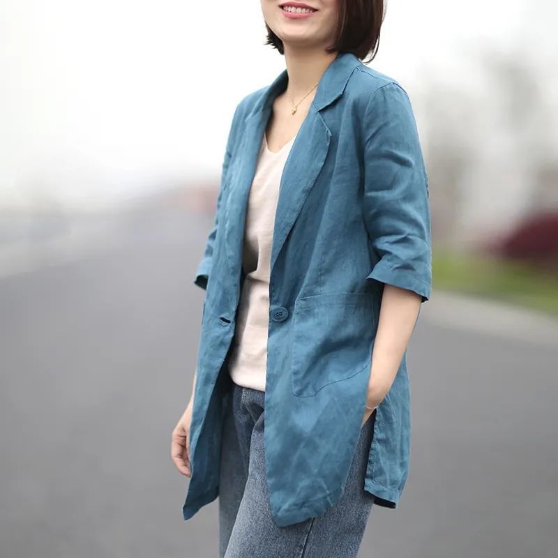 Thin Linen Suit Women's 2023 Spring and Summer New Mid-length Slim-fit Casual Cotton Linen Small Suit Large Size Jacket