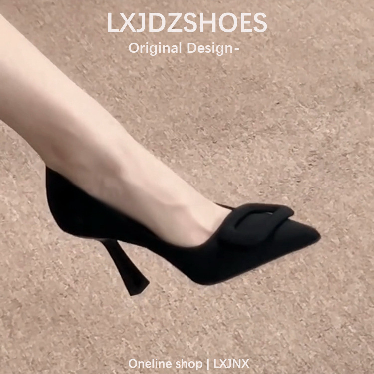 Xi Yan Suede 2025 Spring and Autumn Square Buckle Shallow Commuting Pointed Toe Stiletto High Heels Black Velvet Buckle Women's Shoes Wholesale