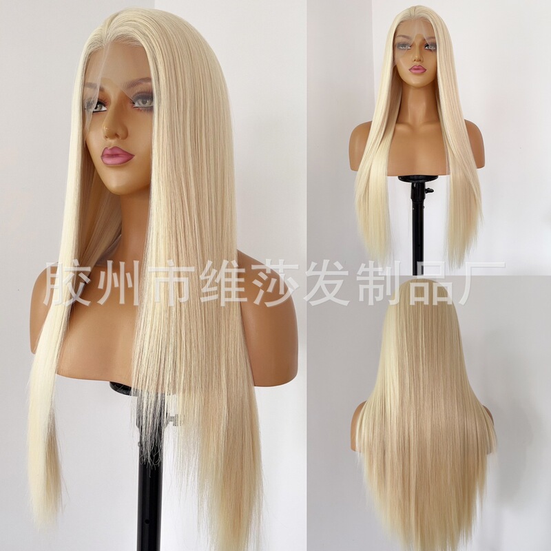 Cross-Border Forehead Lace Wig Light Gold Long Straight Hair Matte High Temperature Silk Full Headgear for Women 13*4 Hand Hook Lace