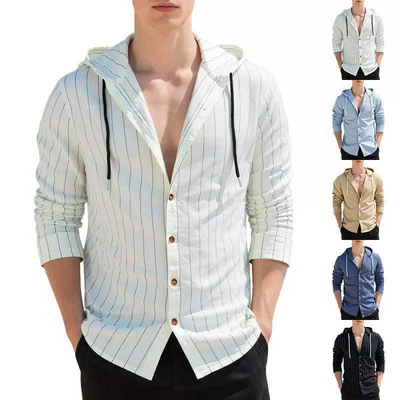 跨境秋男士竖条纹休闲长袖衬衫连帽抽绳亚麻开衫潮流宽松沙滩T恤
