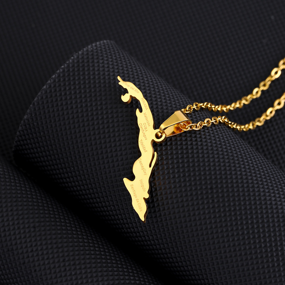 Vintage Öltropfen Kubanische Republik Karte Anhänger Halskette Mode Edelstahl Damen Schlüsselbein Kette_voghion.com