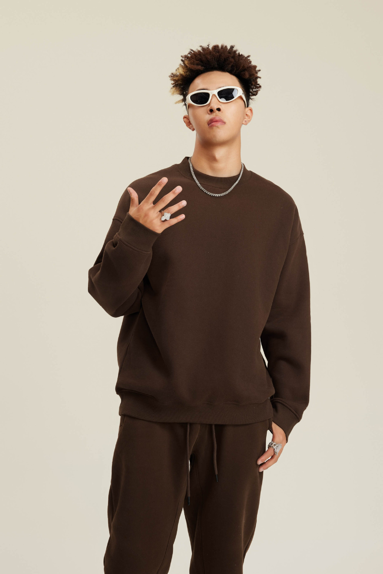 Sweat-shirt à col rond pour homme de marque décontractée et ample en velours 345 g plus couleur unie_voghion.com