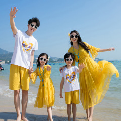 ビーチ海辺親子服母娘ワンピース一家三口四口夏大サイズ三亜リゾート半袖セット