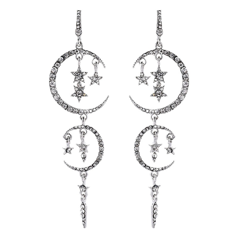 Europeo y americano clásico popular nuevo romántico diamante estrella Luna pendientes largo diamante incrustado elegante mujer pendientes Venta caliente