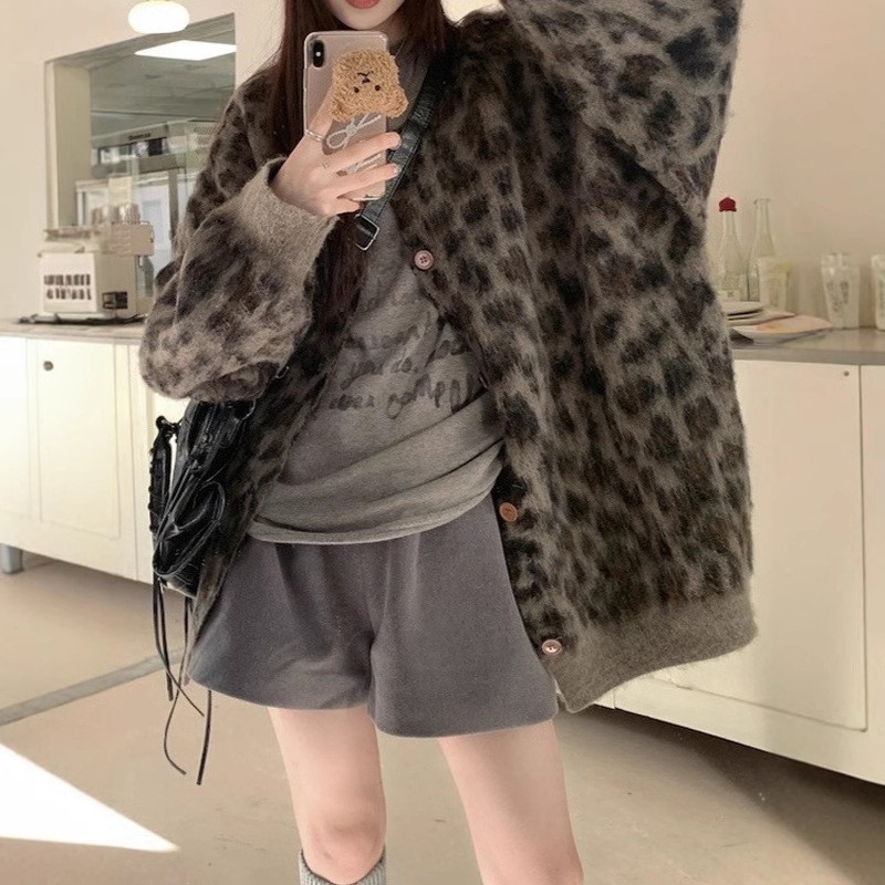 美式复古风宽松豹纹提花毛衣外套女2025秋冬加厚慵懒风针织开衫|undefined