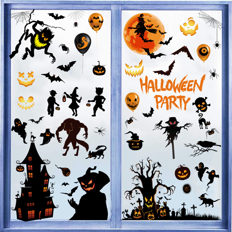 New Amazon Halloween Static Window Sticker Black Castle Tree Bat Spider Pumpkin Window Glass Sticker