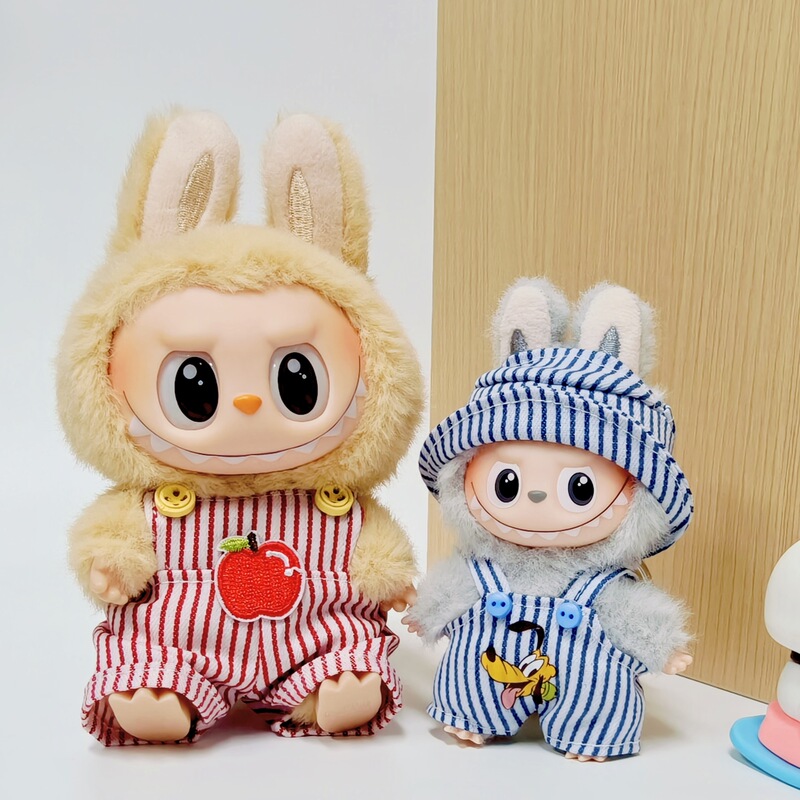 Fourth Generation Labubu Personalized Trendy Striped Overalls Set Doll 10cm Baby Clothes Replacement Outfit