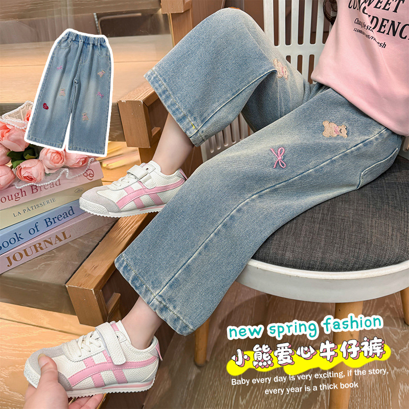 Pantalones vaqueros para niñas con diseño de letras y corazón, pierna ancha – moda primavera-otoño 2025.