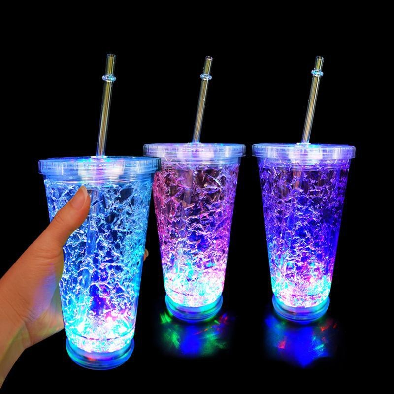 LED发光饮料杯LED吸管杯  冰杯双层透明吸管杯 发光吸管杯 果冻杯