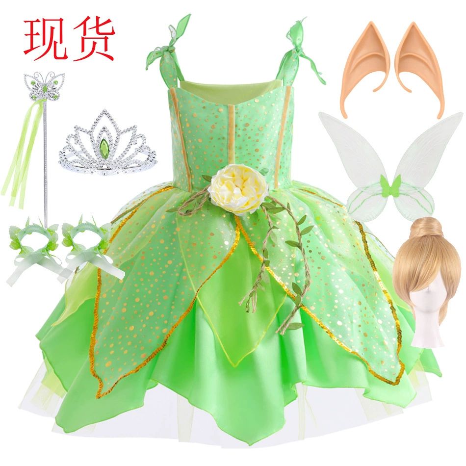 Детское роскошное платье Tinker Bell Зеленое платье феи для девочек Рождественское платье на Хэллоуин