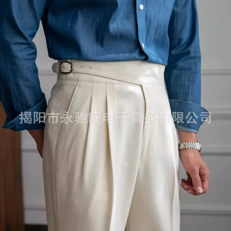 英伦男士休闲百搭2024年秋冬新款意式那不勒斯高腰直筒长裤子西裤
