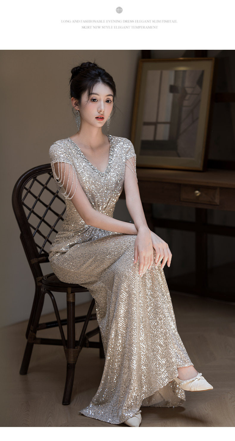 Elegant Silver Sequin Fringe Evening Gown, Mermaid Tail Dress For Formal Banquets, Hosting, Gala Dinners, Pageants_ecoleips.com