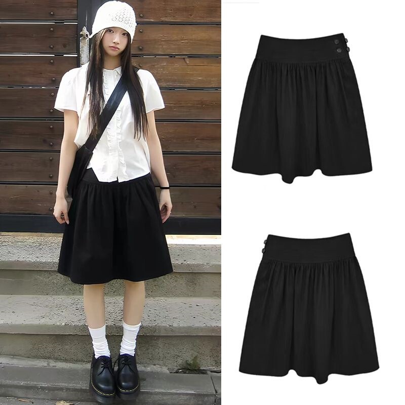 Korean Retro Black High-Waisted Skirt for Women, New Summer A-Line Umbrella Skirt, Versatile Pleated Midi Skirt Korean Retro Black High-Waisted Skirt for Women, New Summer A-Line Umbrella Skirt, Versatile Pleated Midi Skirt