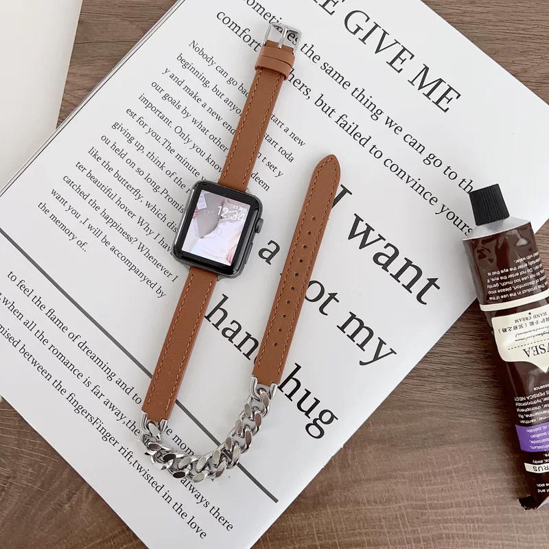 Ремешок для Apple Watch, цепочка из нержавеющей стали, 14 мм, подлинная кожа