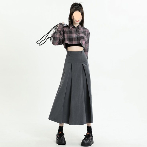 High-end grey semi-slip dress for women with pleated school style, autumn high-waisted flowing medium-long length raincoat style fashion skirt