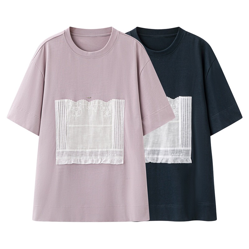 In Stock 2026 Summer New Style Loose-Fitting Color-Blocking Fabric Patchwork Embroidered T-Shirt 2K2Ba17