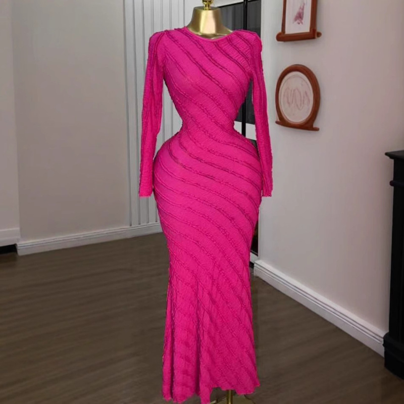European and American Clothing 2025 Summer New Sweet and Fresh Round Neck Long-Sleeved High-Waist Slim Dress Mid-Skirt European and American Clothing 2025 Summer New Sweet and Fresh Round Neck Long-Sleeved High-Waist Slim Dress Mid-Skirt