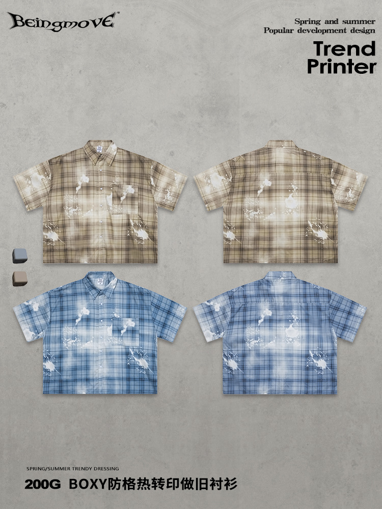 Calle secada| Camisas retrógradas americanas de marca de moda de manga corta sueltas hechas viejas camisetas de transferencia de calor transpirables para hombres