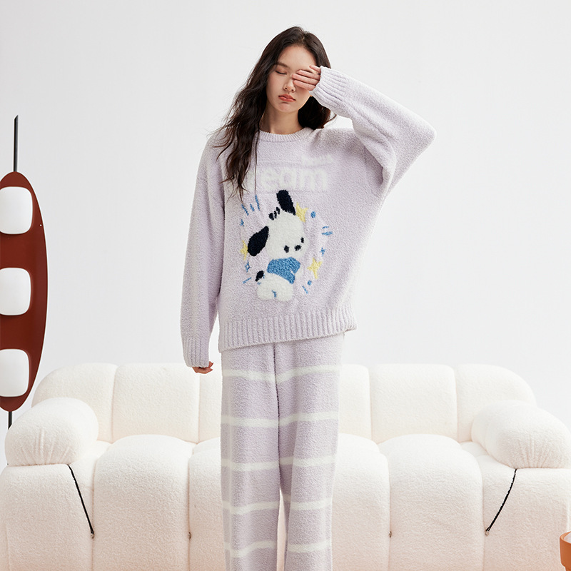 秋冬季套头半边绒印花小熊睡衣女加厚冬季半边绒情侣家居服套装|undefined