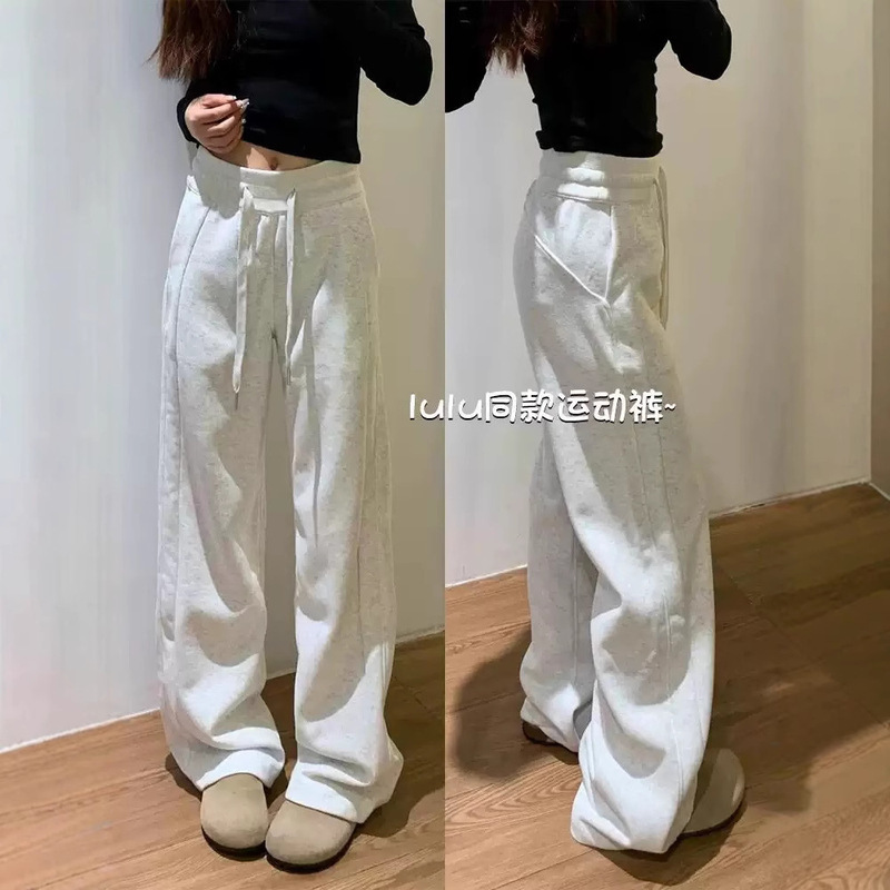 Lulufend Sports Pants Spring and Autumn Fleece-Lined Warm Sweatpants Casual High-Waisted Straight Narrow Version Banana Wide-Leg Pants for Women
