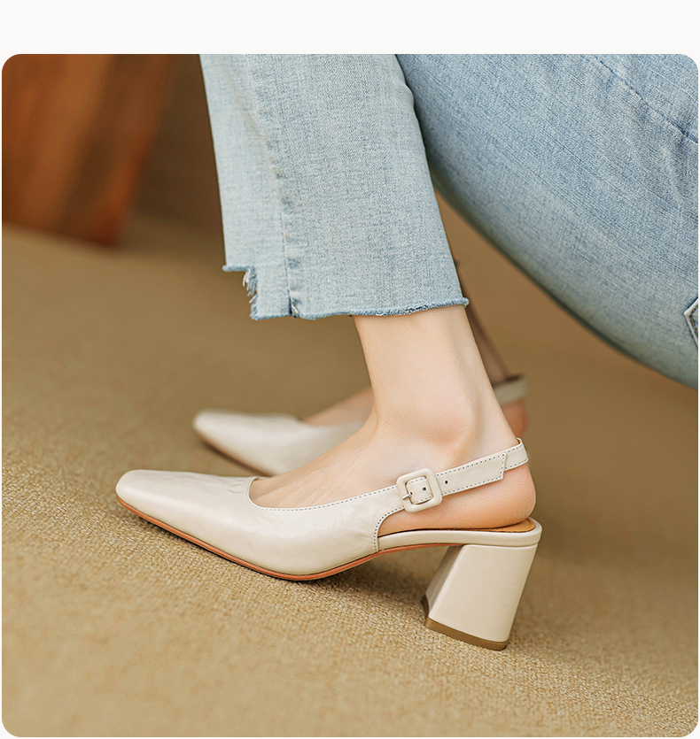 Sandal cao gót nữ mũi nhọn quai khóa, gót thô 9 cm phong cách Hàn Quốc — màu nâu chi tiết 5